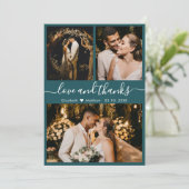 Chic Aquamarin Elegante Script 3 Foto Collage Wedd Dankeskarte (Stehend Vorderseite)