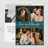 Chic Aquamarin Elegante Script 3 Foto Collage Wedd Dankeskarte (Vorne/Hinten)