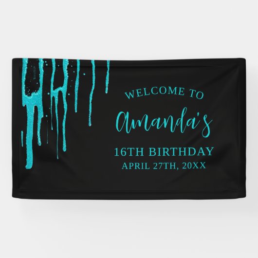Chic Aquamarin Glitzer Tropfen Sweet 16 Geburtstag Banner (Horizontal)