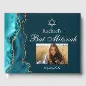Chic Aquamarin Gold Agate Bar Mitzvah Party Foto Gästebuch (Vorderseite)