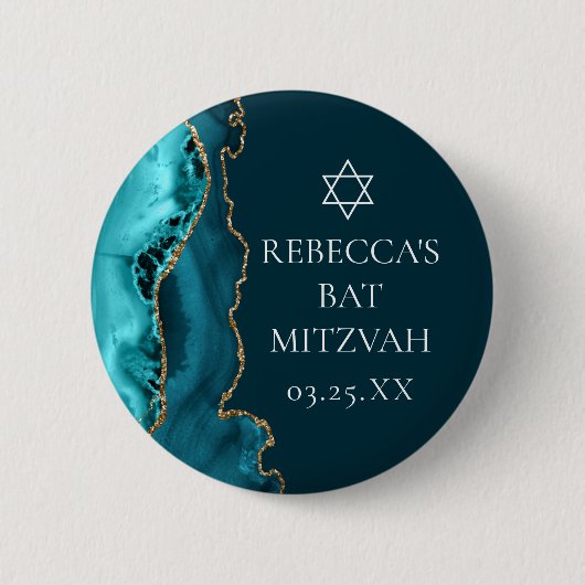 Chic Aquamarin Gold Agate Bat Mitzvah Party Button (Vorderseite)