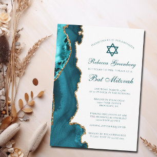 Chic Aquamarin Gold Agate Bat Mitzvah Party Einladung