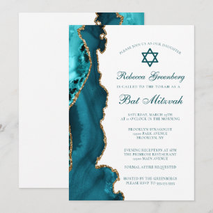Chic Aquamarin Gold Agate Bat Mitzvah Party Einladung