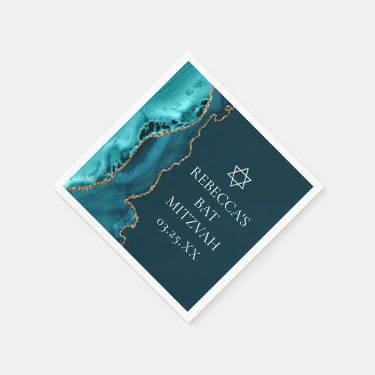 Chic Aquamarin Gold Agate Bat Mitzvah Party Serviette (Ecke)