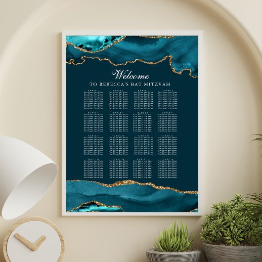 Chic Aquamarin Gold Agate Party Sitzkarte Poster