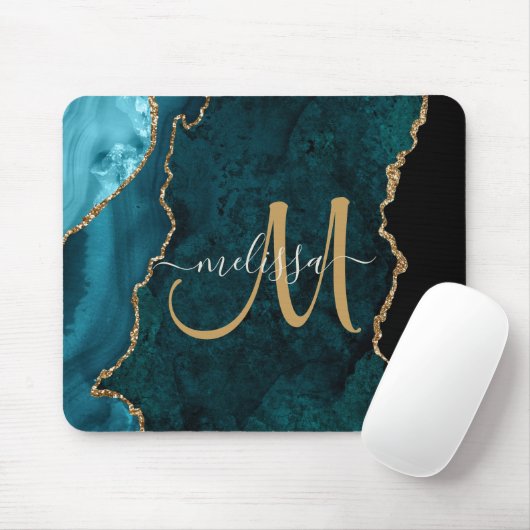 Chic Aquamarin Gold Agate Script Custom Monogram Mousepad (Mit Mouse)