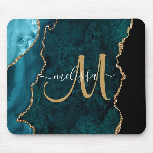 Chic Aquamarin Gold Agate Script Custom Monogram Mousepad (Vorne)