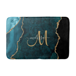 Chic Aquamarin Gold Glitzer Agate Custom Monogram Badematte