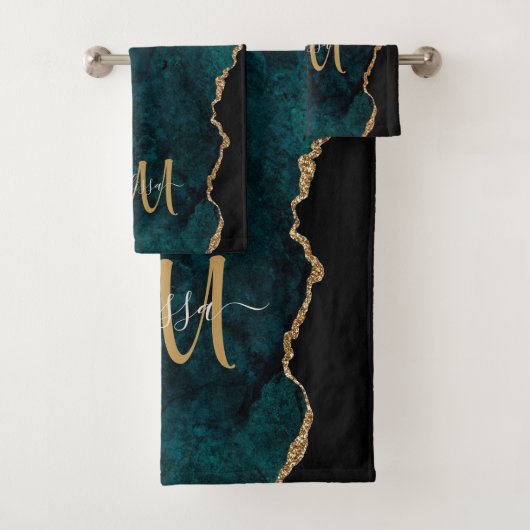 Chic Aquamarin Gold Glitzer Agate Custom Monogram Badhandtuch Set (Insitu)