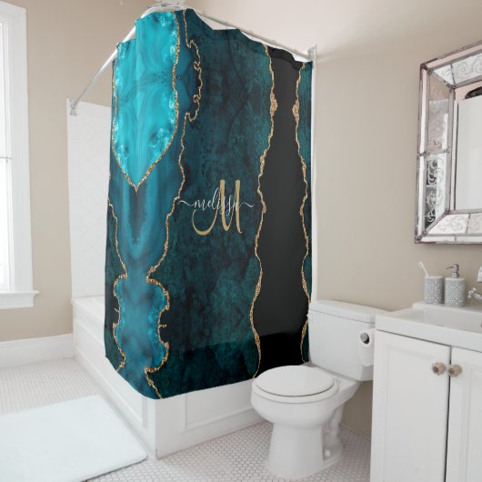 Chic Aquamarin Gold Glitzer Agate Custom Monogram Duschvorhang (Beispiel)