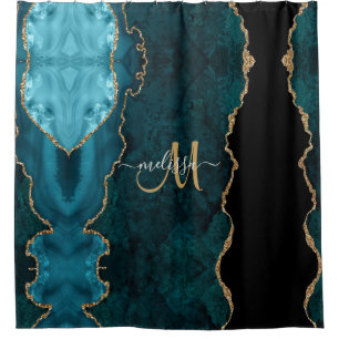 Chic Aquamarin Gold Glitzer Agate Custom Monogram Duschvorhang