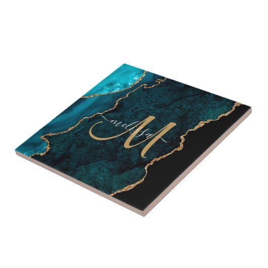 Chic Aquamarin Gold Glitzer Agate Custom Monogram Fliese (Seite)