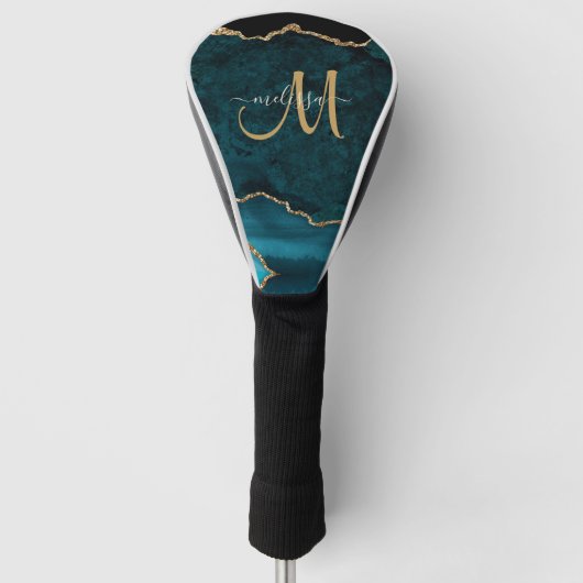 Chic Aquamarin Gold Glitzer Agate Custom Monogram Golf Headcover (Vorderseite)