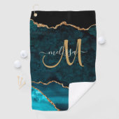 Chic Aquamarin Gold Glitzer Agate Custom Monogram Golfhandtuch (Insitu)