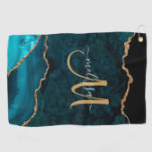 Chic Aquamarin Gold Glitzer Agate Custom Monogram Golfhandtuch (Horizontal)