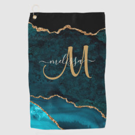 Chic Aquamarin Gold Glitzer Agate Custom Monogram Golfhandtuch