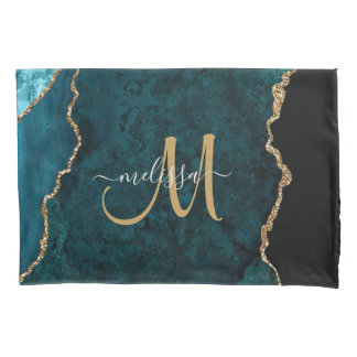 Chic Aquamarin Gold Glitzer Agate Custom Monogram Kissenbezug