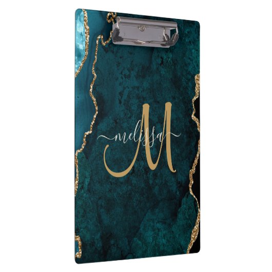 Chic Aquamarin Gold Glitzer Agate Custom Monogram Klemmbrett (Rechts)