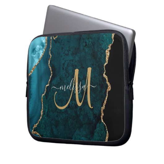 Chic Aquamarin Gold Glitzer Agate Custom Monogram Laptopschutzhülle (Vorderseite Links)