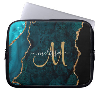 Chic Aquamarin Gold Glitzer Agate Custom Monogram Laptopschutzhülle