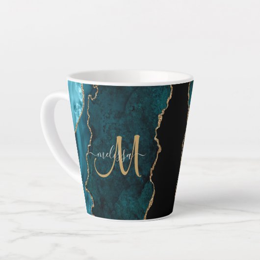 Chic Aquamarin Gold Glitzer Agate Custom Monogram Milchtasse (Linke Ecke)