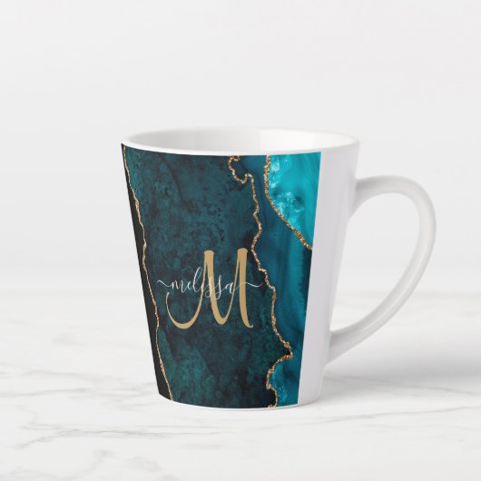 Chic Aquamarin Gold Glitzer Agate Custom Monogram Milchtasse (Rechts)