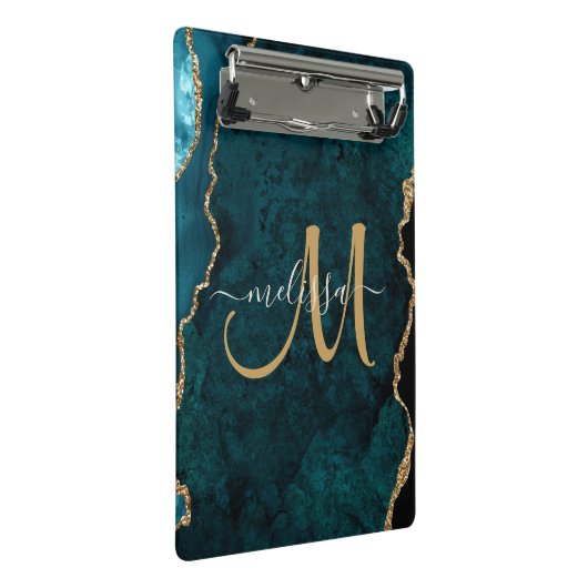 Chic Aquamarin Gold Glitzer Agate Custom Monogram Mini Klemmbrett (Schrägansicht)
