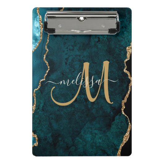 Chic Aquamarin Gold Glitzer Agate Custom Monogram Mini Klemmbrett (Vorderseite)