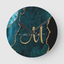 Chic Aquamarin Gold Glitzer Agate Custom Monogram Runde Wanduhr