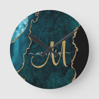 Chic Aquamarin Gold Glitzer Agate Custom Monogram Runde Wanduhr