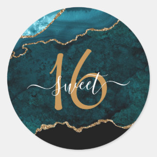 Chic Aquamarin Gold Glitzer Agate Custom Monogram Runder Aufkleber