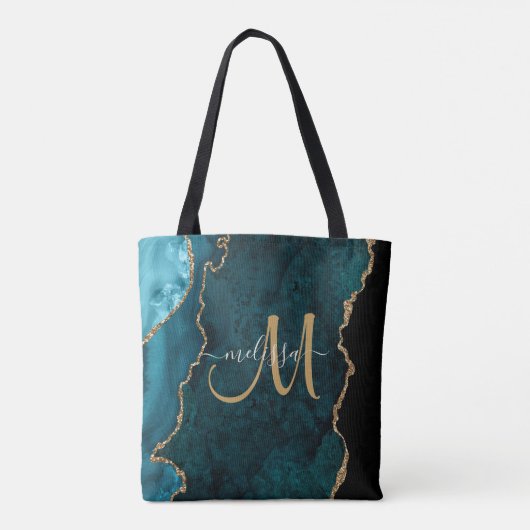Chic Aquamarin Gold Glitzer Agate Custom Monogram Tasche (Rückseite)