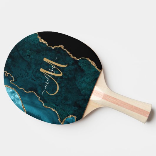 Chic Aquamarin Gold Glitzer Agate Custom Monogram Tischtennis Schläger (Seitenansicht)
