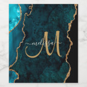 Chic Aquamarin Gold Glitzer Agate Custom Monogram Weinetikett (Einzelnes Label)