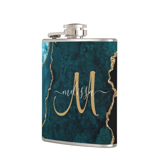 Chic Aquamarin Gold Glitzer Agate Monogram Name Flachmann (Links)