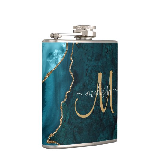 Chic Aquamarin Gold Glitzer Agate Monogram Name Flachmann (Rechts)