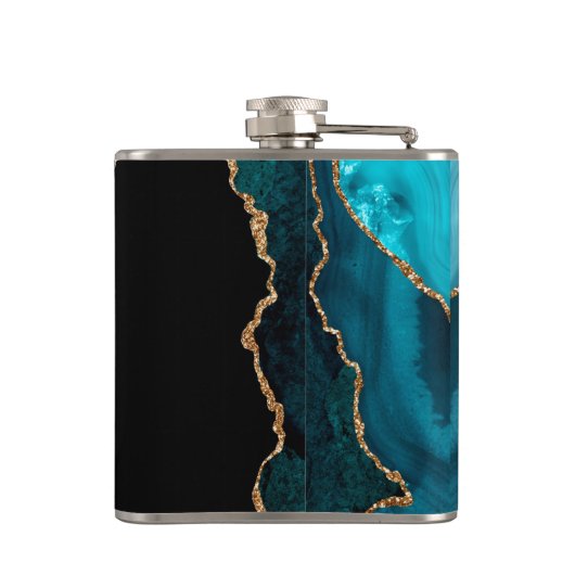 Chic Aquamarin Gold Glitzer Agate Monogram Name Flachmann (Rückseite)