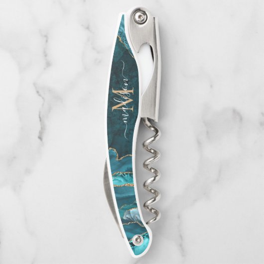 Chic Aquamarin Green Gold Glitzer Agate Geode Mono Kellnermesser (Rückseite)