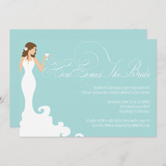 Chic Aquamarin Hier kommt die Brautdusche Einladun Einladung (Vorne/Hinten)