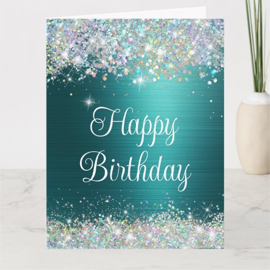 Chic Aquamarin Holographic Imitate Glitzer Happy B Karte (Vorderseite)