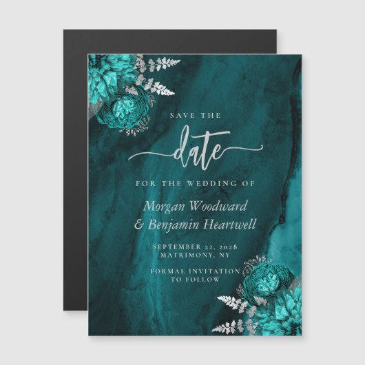 Chic Aquamarin Silver Floral Wedding Save the Date Magneteinladung (Vorne/Hinten)