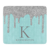 Chic Aquamarin Silver Sparkle Glitzer Tropfen Mono Schneidebrett (Vorderseite)