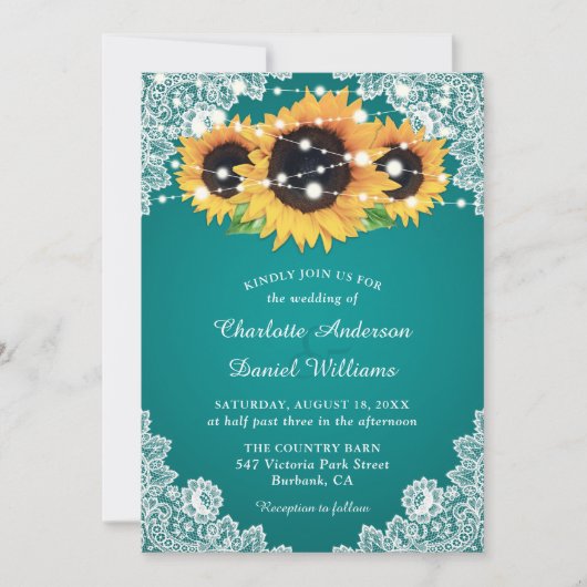 Chic Aquamarin Sunflower Wedding Einladung (Vorderseite)