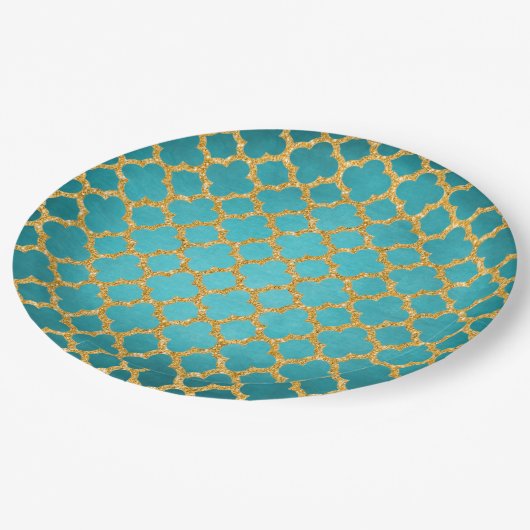 Chic Aquamarin Türkis marokkanisches Quatrefolienm Pappteller (Schrägansicht)
