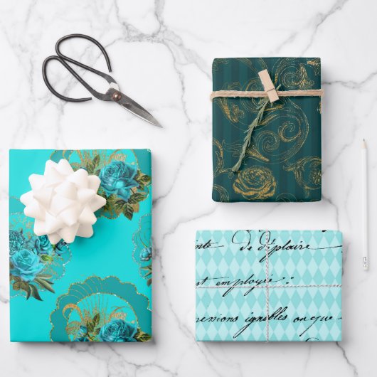 Chic Aquamarin und Gold Geschenkpapier Set (Vorderseite)