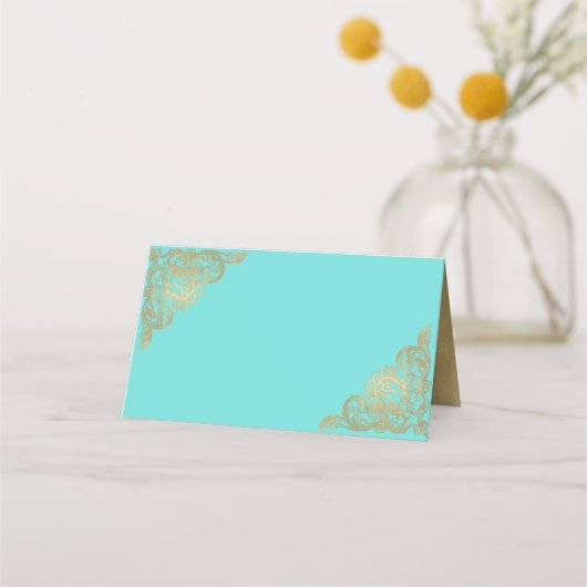 Chic Aquamarin und Gold Wedding Folded Platzkarte (Vorderseite)