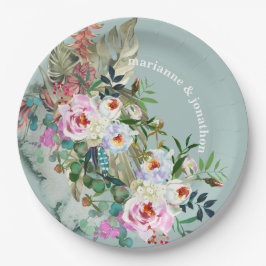 Chic Aquamarine Personalisiert Floral Eukalyptus Pappteller