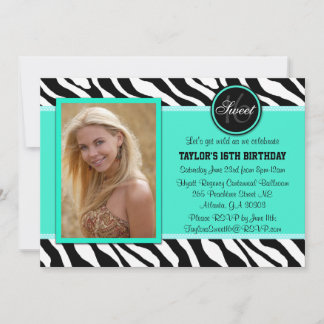 Chic-aquamarines und schwarzes Zebra-Druck-Foto Einladung