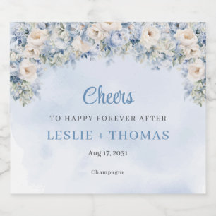 Chic Aquarell Blau und Elfenbein Rose Eukalyptus Schaumweinetikett