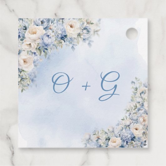 Chic Aquarell Blau-Weiß-Blume Monogramm Geschenkanhänger (Rückseite)
